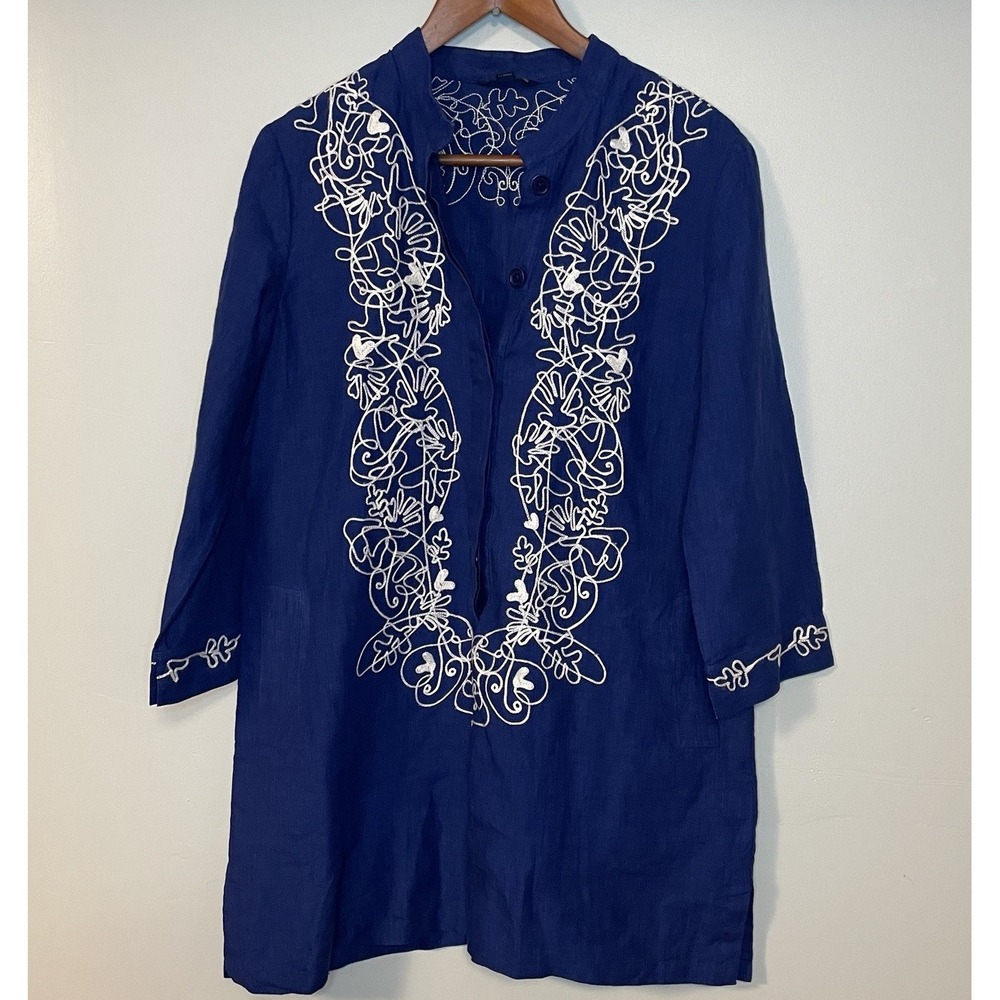 Brooks Brothers Linen Tunic Embroidered Piping Navy White Size 10